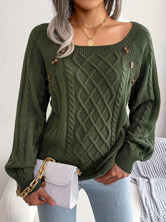 Long Sleeve Raglan Cable Knit Sweater In Army Green