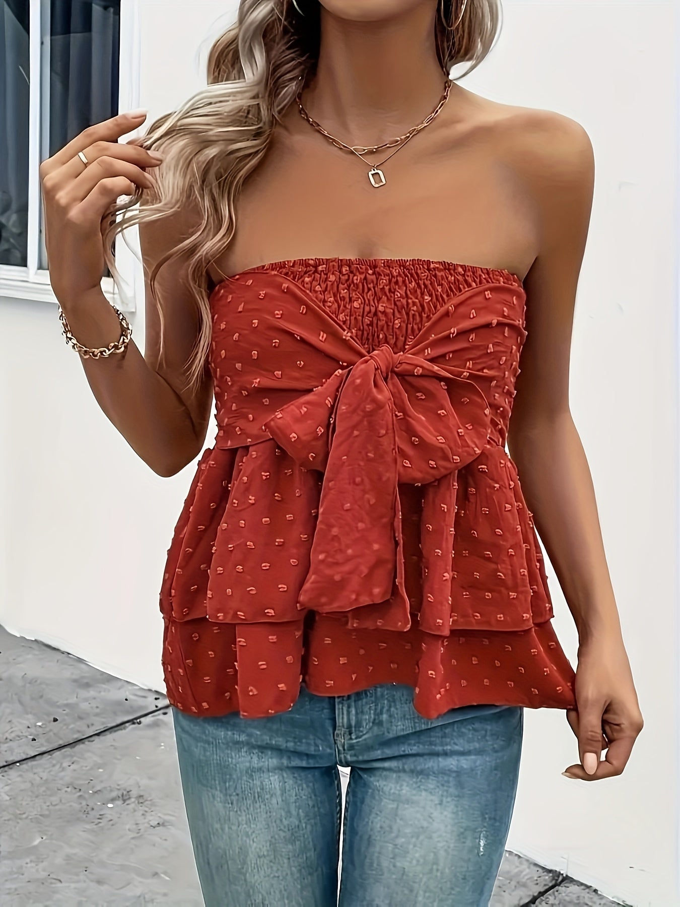 Bow Accented Swiss Dot Tube Top