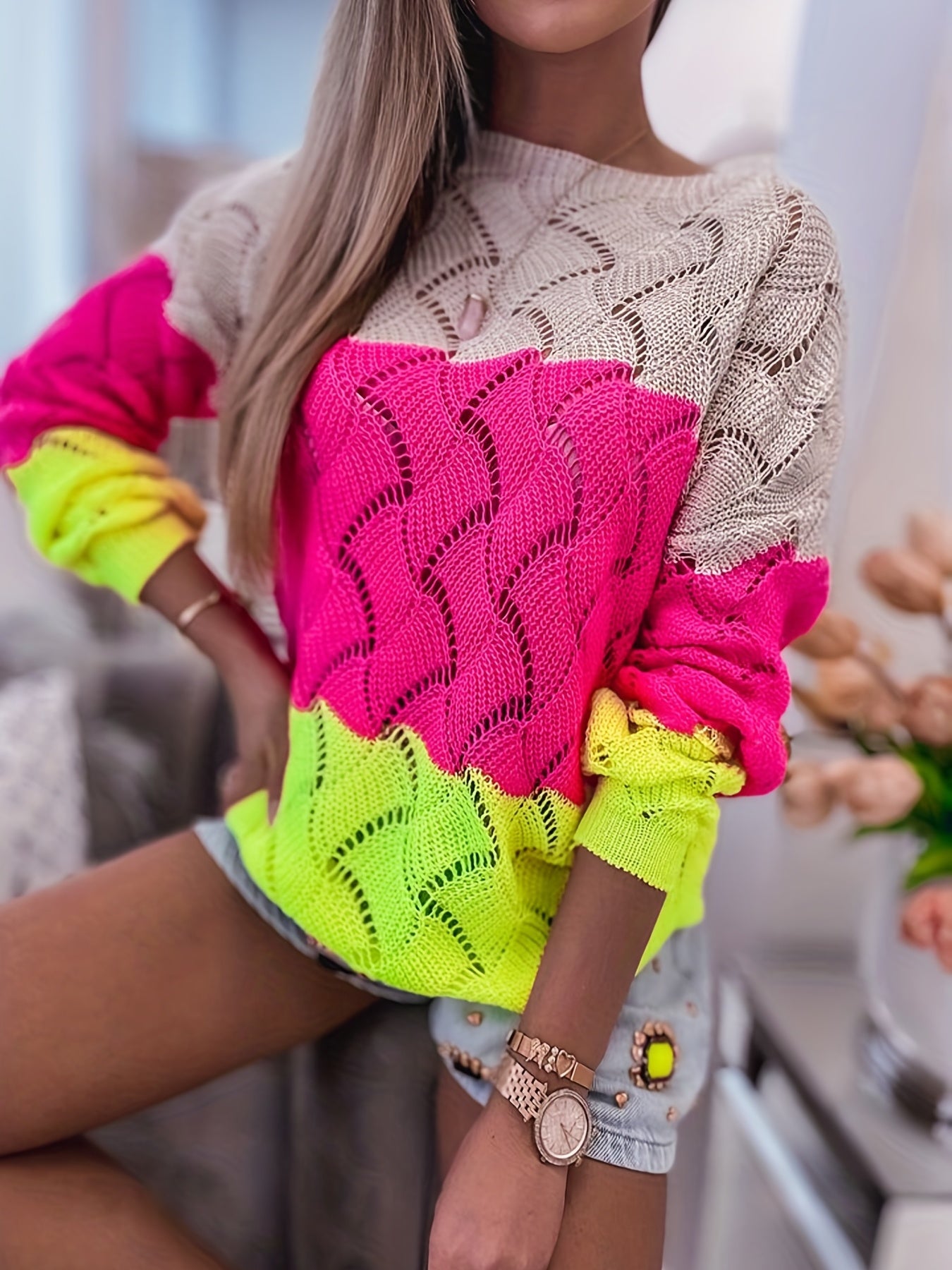 Color Block Boat Neck Sweater In Beige, Rose Pink, Neon Yellow