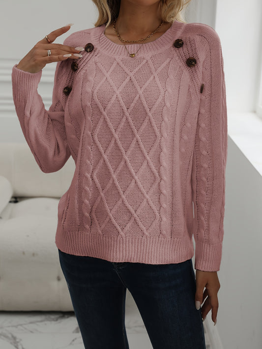 Long Sleeve Raglan Cable Knit Sweater In Pink