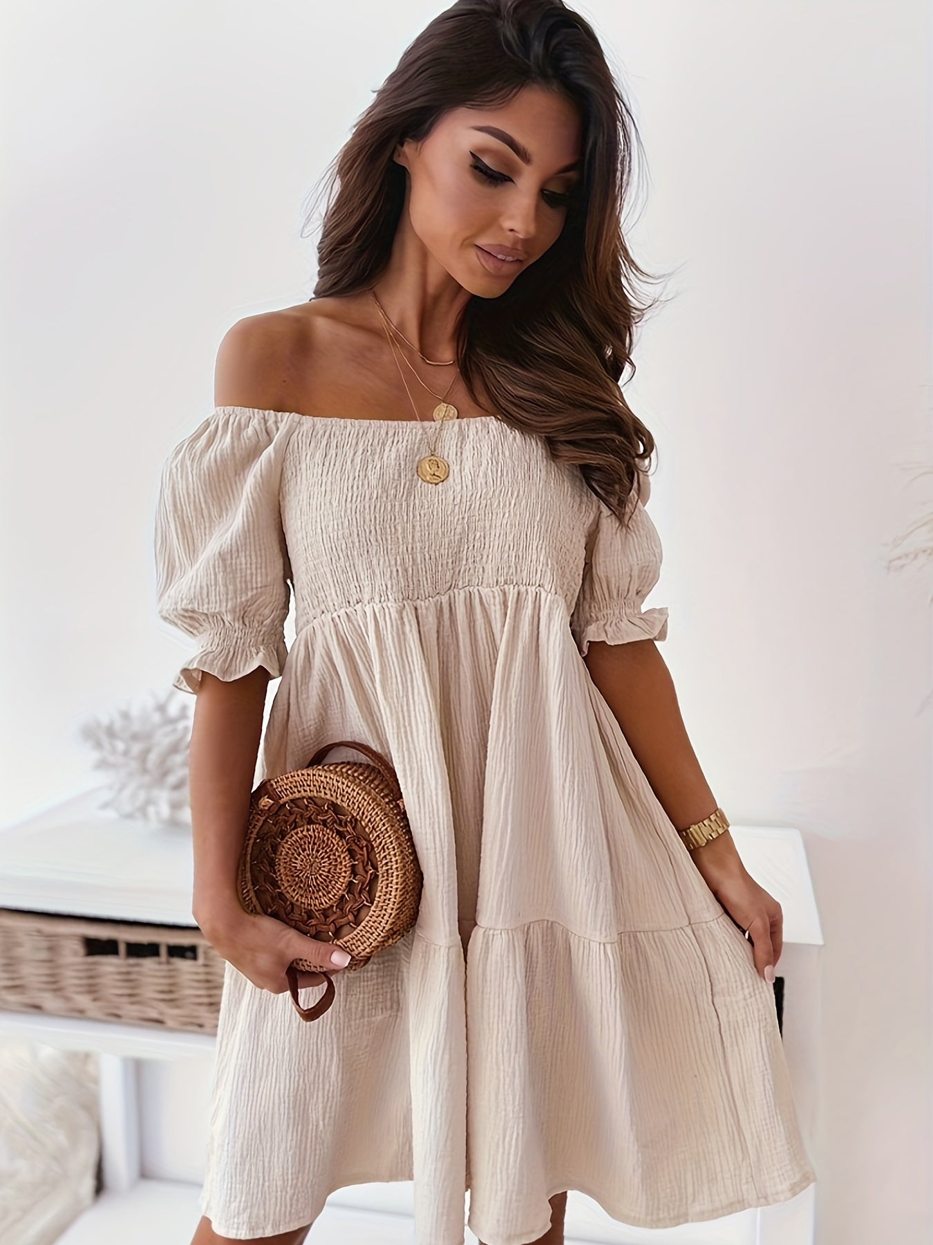 Off Shoulder Smocked Mini Dress In Various Colors