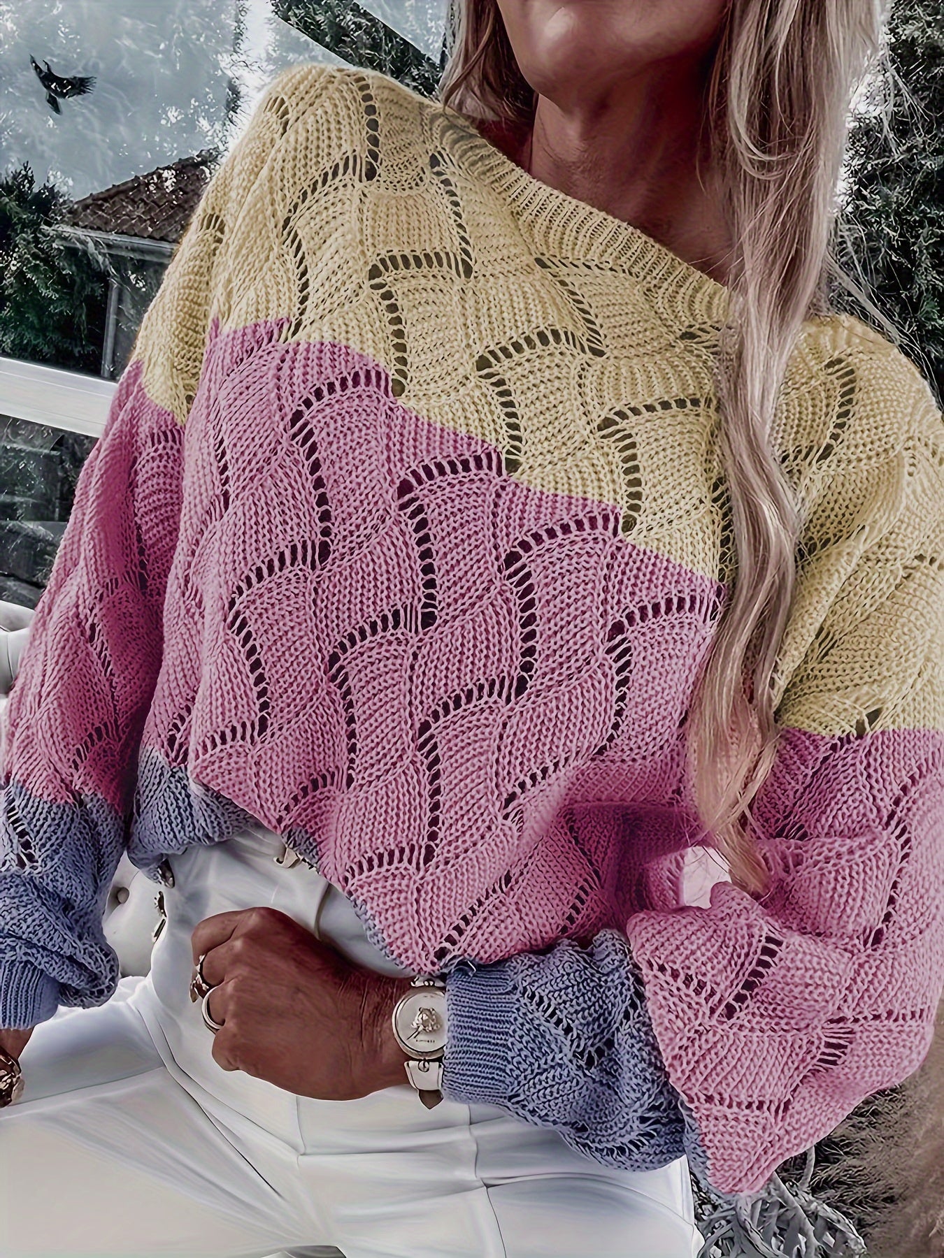 Color Block Boat Neck Sweater In Butter Yellow, Pink, Lavender