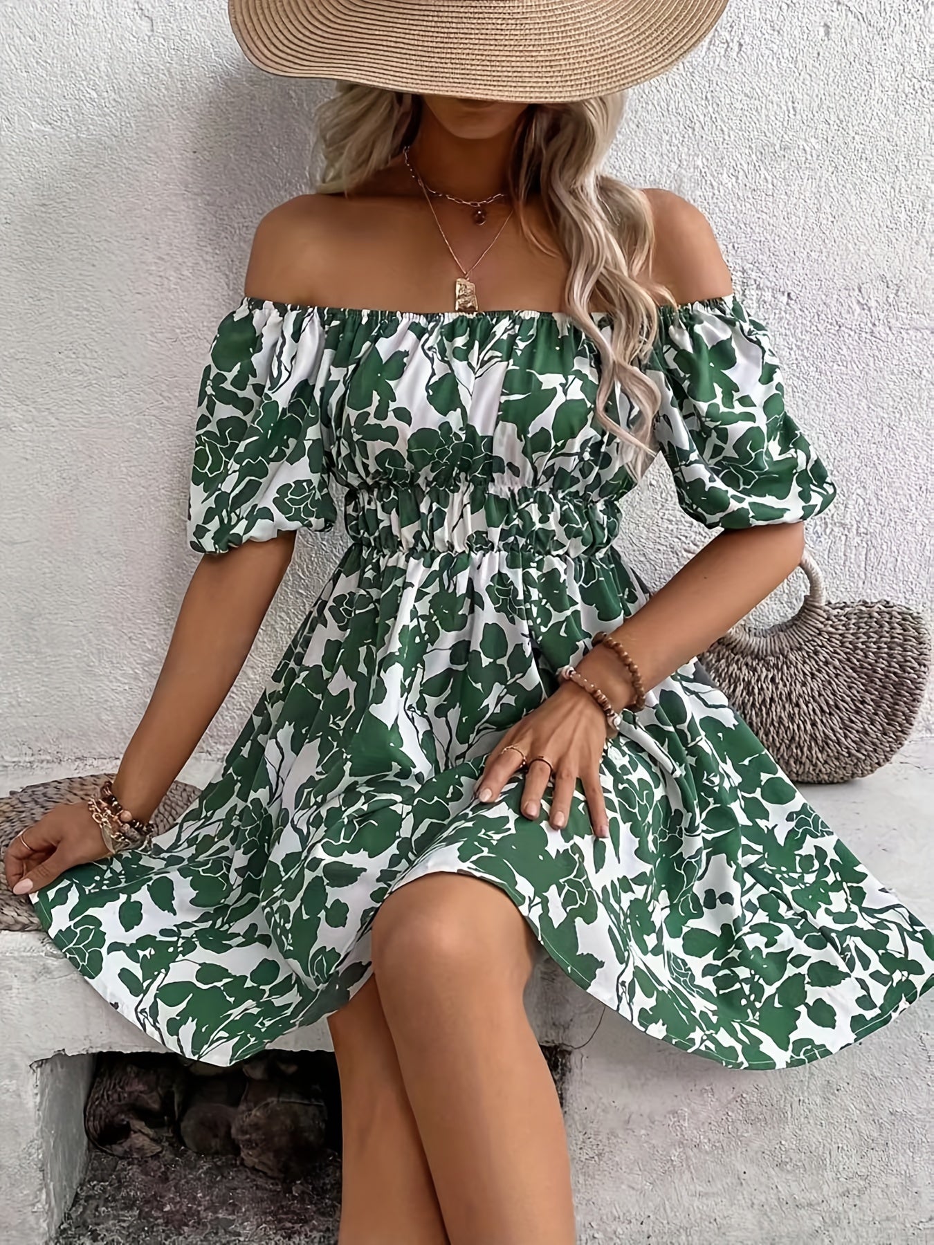 Off Shoulder Puff Sleeve Floral Mini Dress In Green