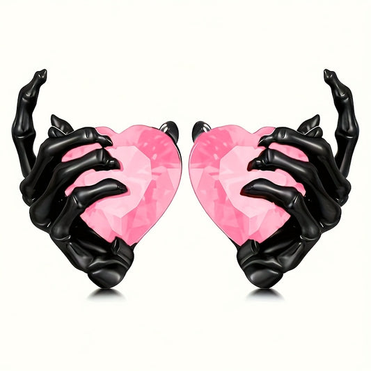 Pink Heart Shaped Stud Earrings with Black Skeleton Hands