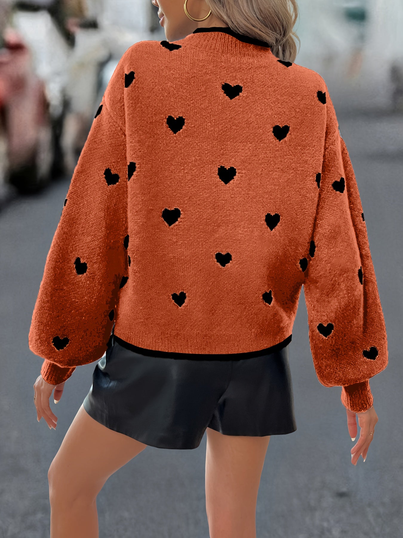 Heart Pattern Knit Sweater In Burnt Orange With Black Hearts