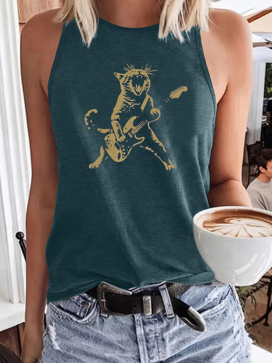 Cat Playing Guitar Crew Neck Tank Top In 3 Colors