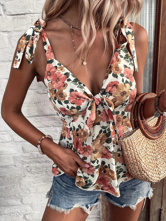 Adjustable Tie Front Floral Print Tank Top