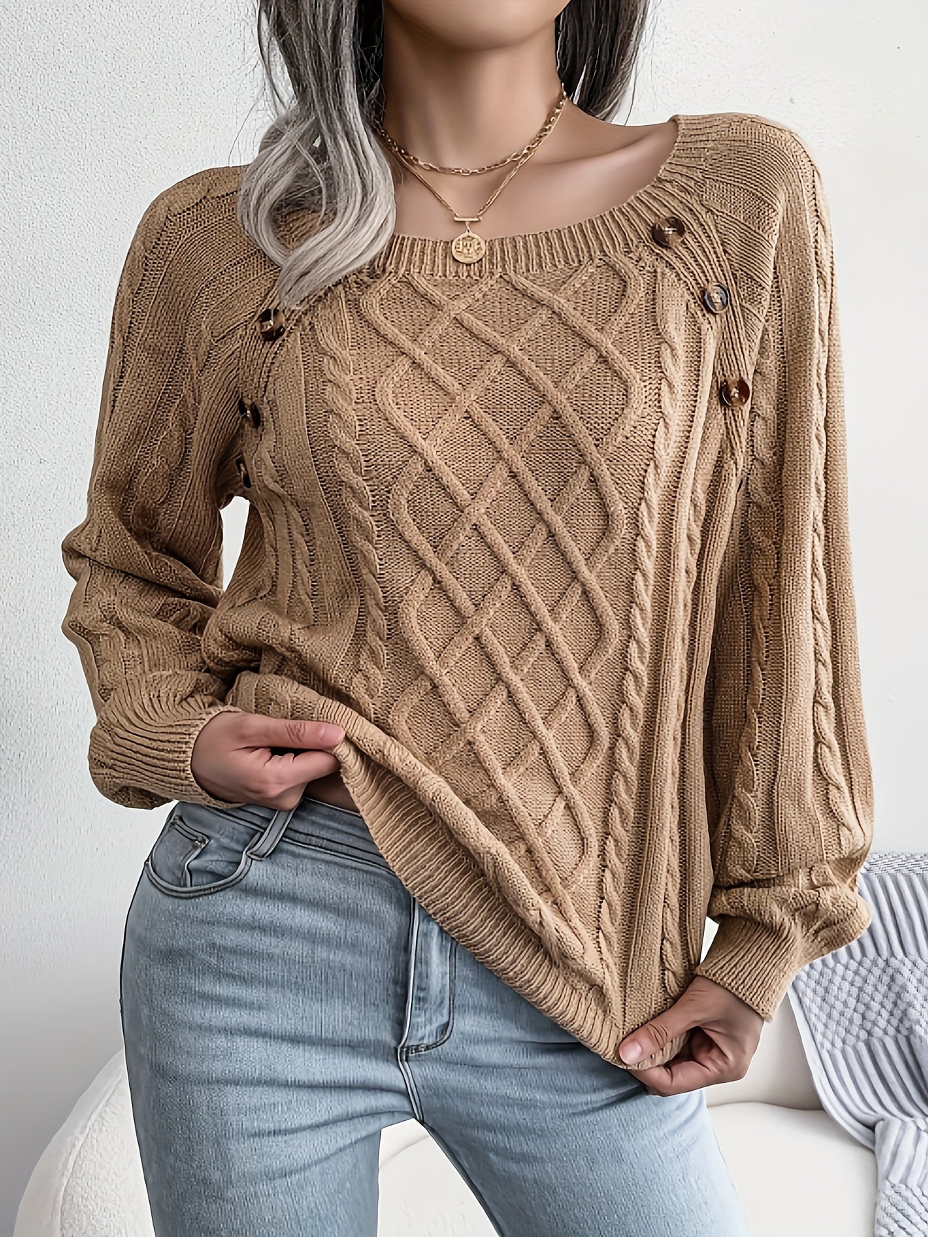 Long Sleeve Raglan Cable Knit Sweater In Khaki