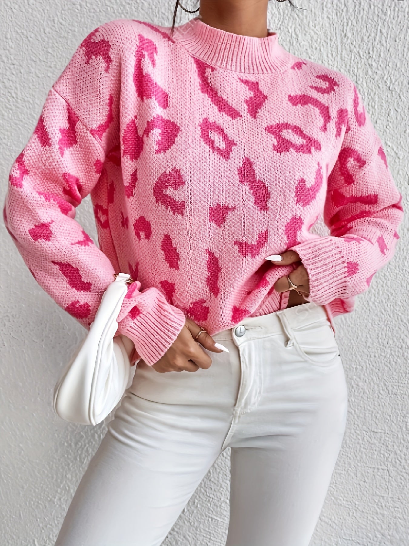 Leopard Print Loose Fit Pullover Sweater In Pink