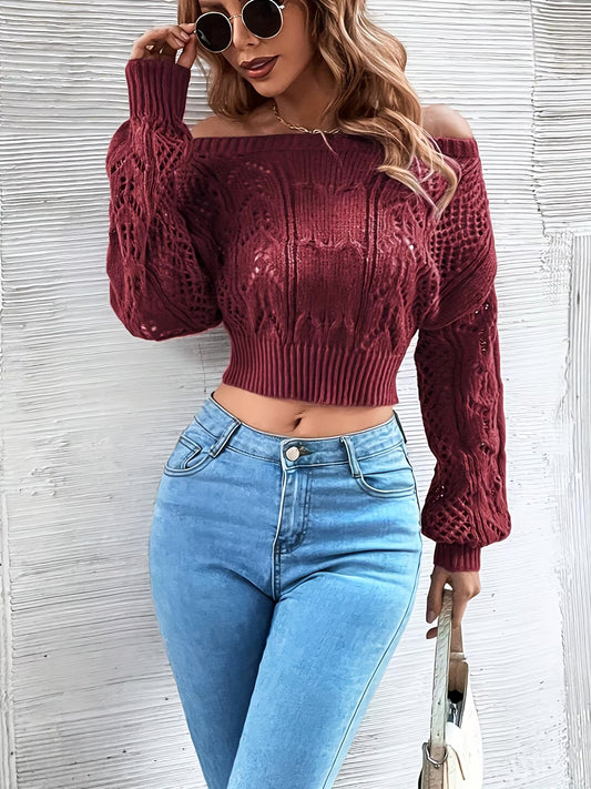 Woman in Burgundy Cropped Knit Top facing forward up close