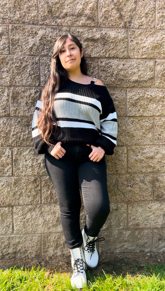 Woman in One-Shoulder Color Block Sweater  – Color Block Chain Strap Top facing forward