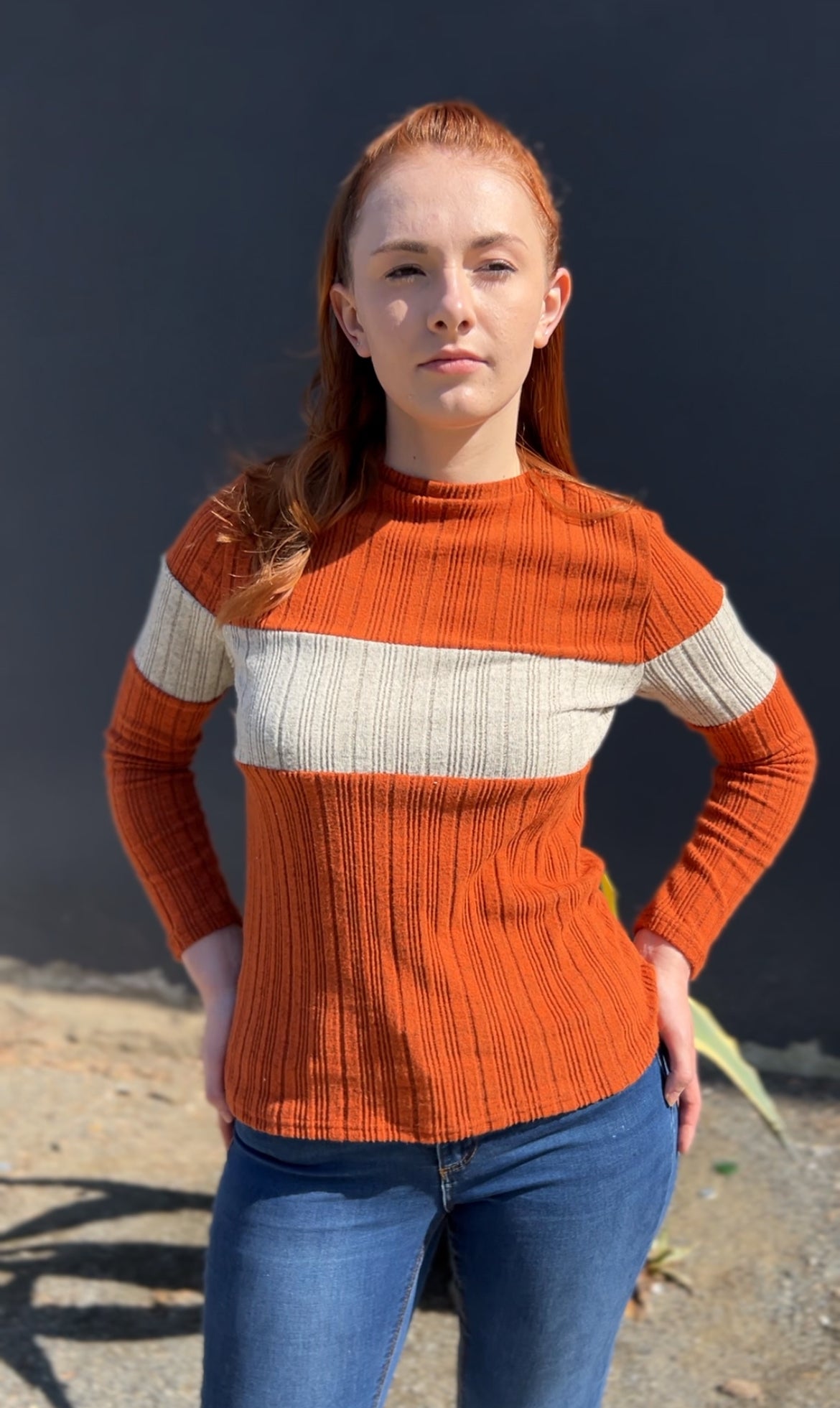 Woman in Color Block Crew Neck Long Sleeve Shirt In Orange facing forward up close