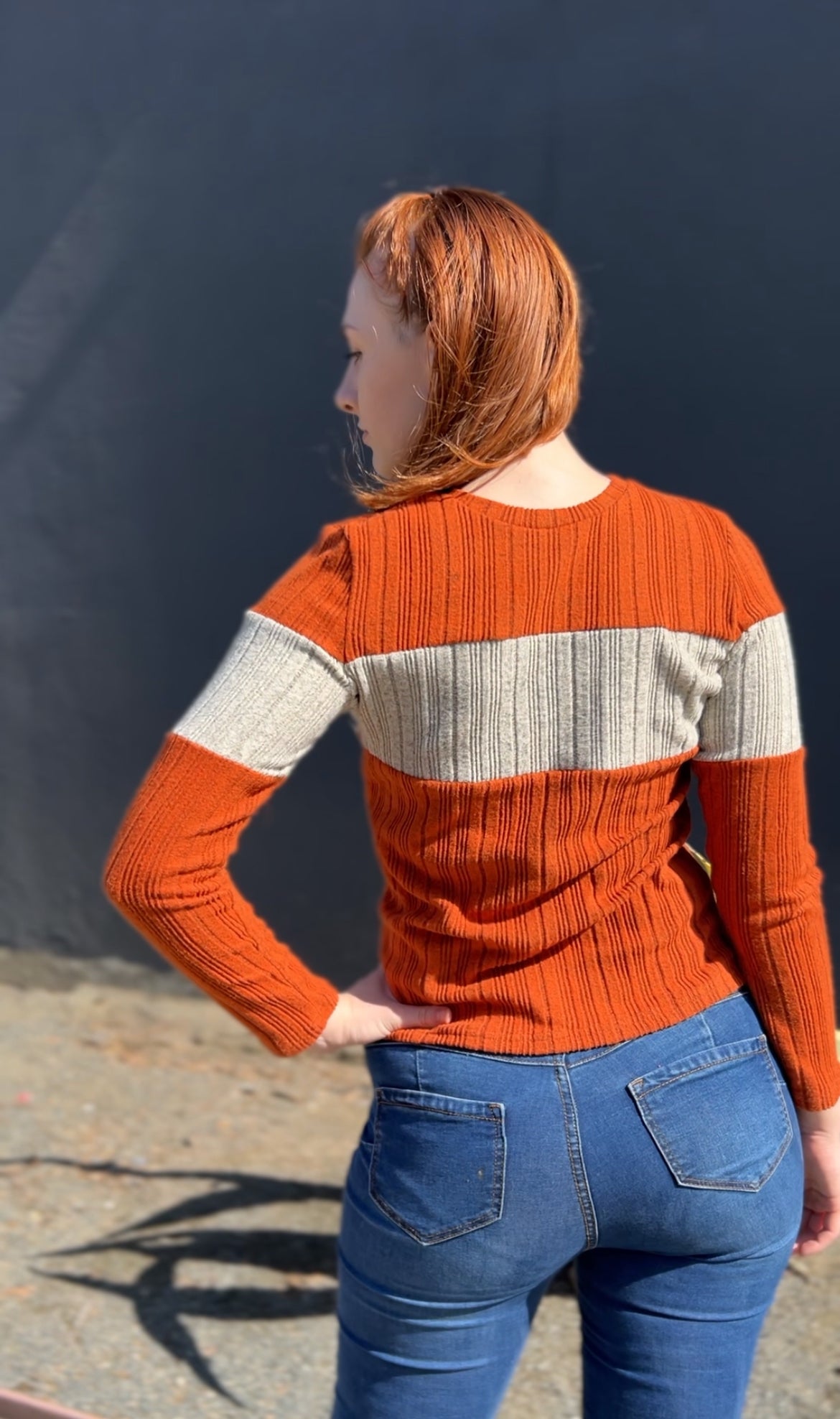Woman in Color Block Crew Neck Long Sleeve Shirt In Orange facing backwards up close