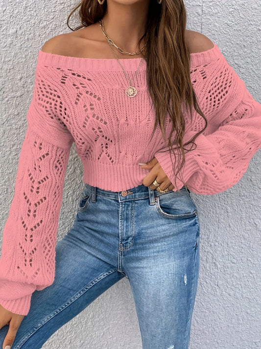 Woman in Coral Cropped Knit Top facing forward up close