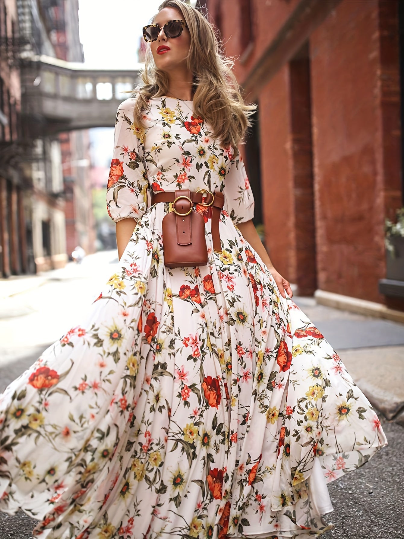 Woman in Cream Floral A-Line Maxi Dress with 3/4 Sleeves facing forward