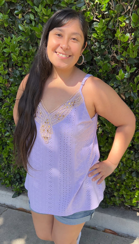 Woman in Lavender Eyelet Applique V-Neck Cami Top facing forward up close