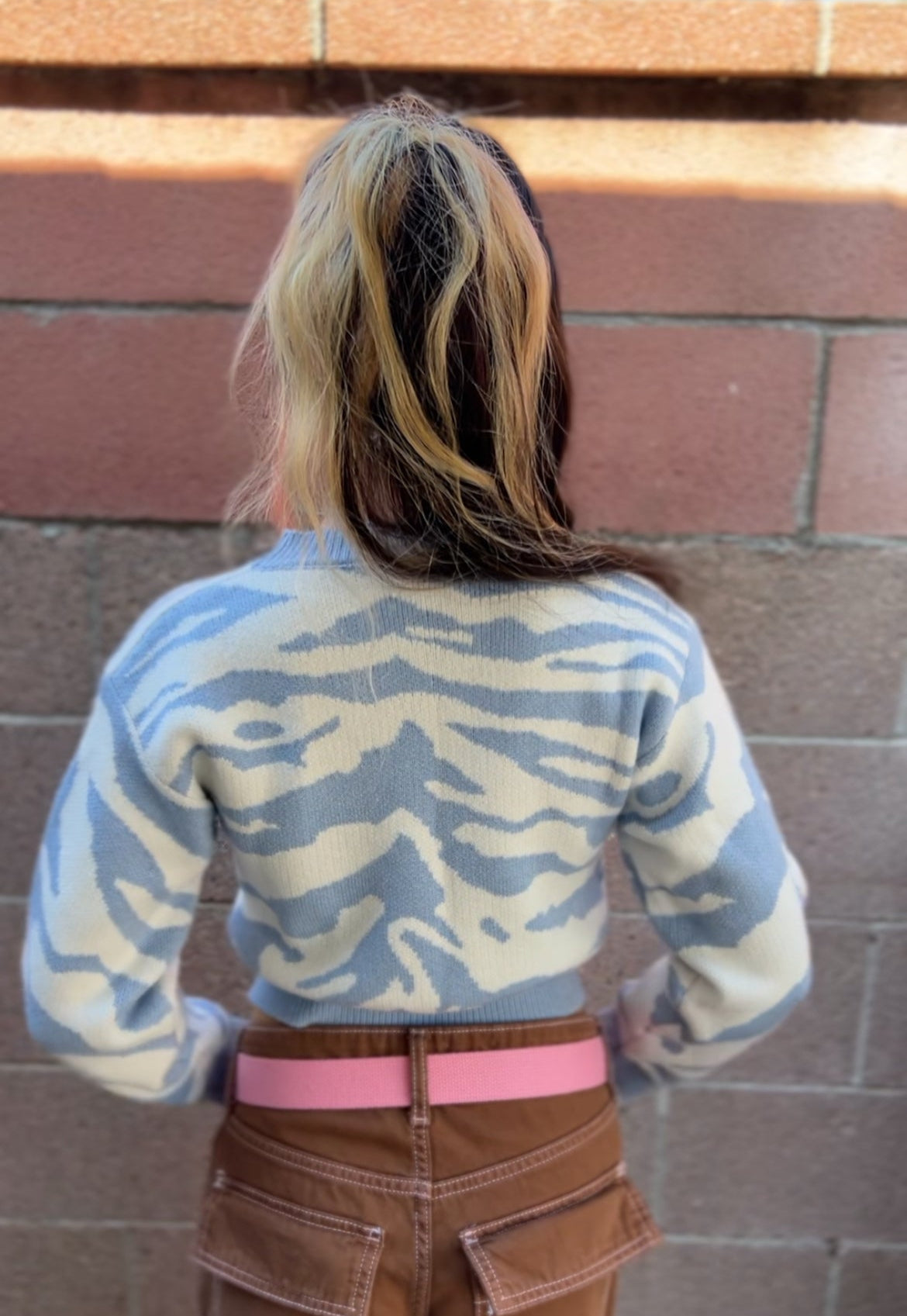 Woman in Light Blue Zebra Print Crop Sweater  facing backwards up close