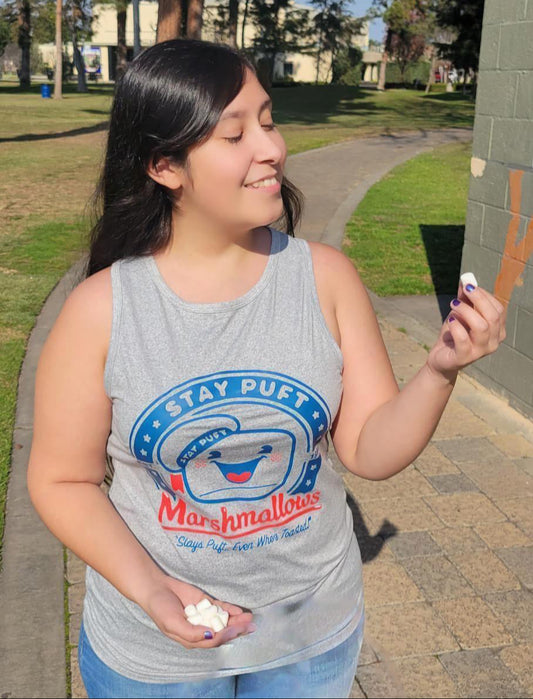 Woman in Marshmallow Face Graphic Tank Top facing forward up close