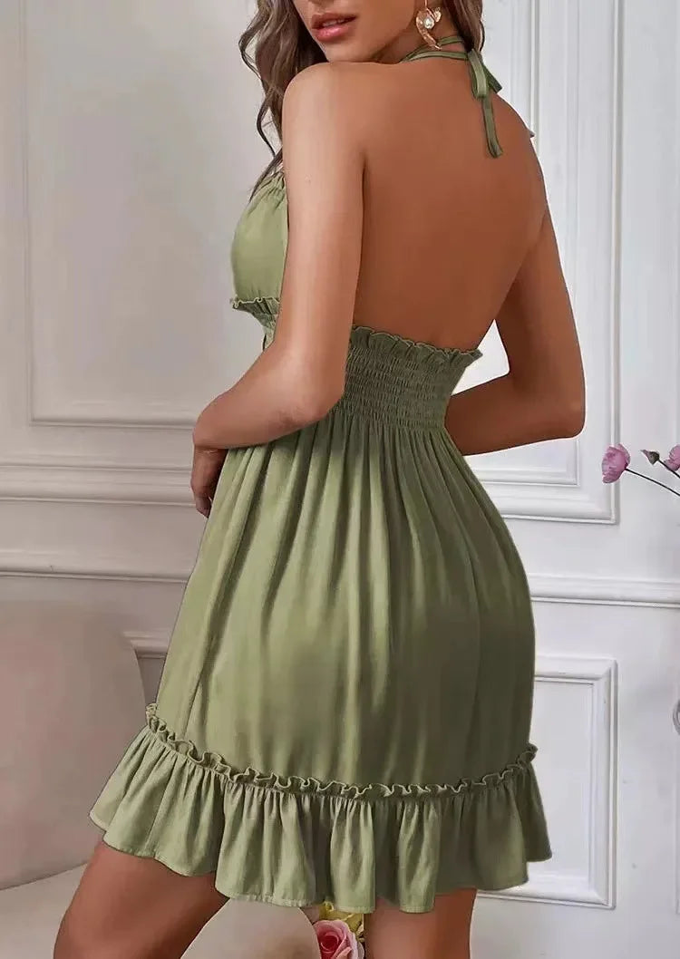 Woman in Ruffle Trim Spaghetti Strap Mini Dress in Olive Green facing backwards up close