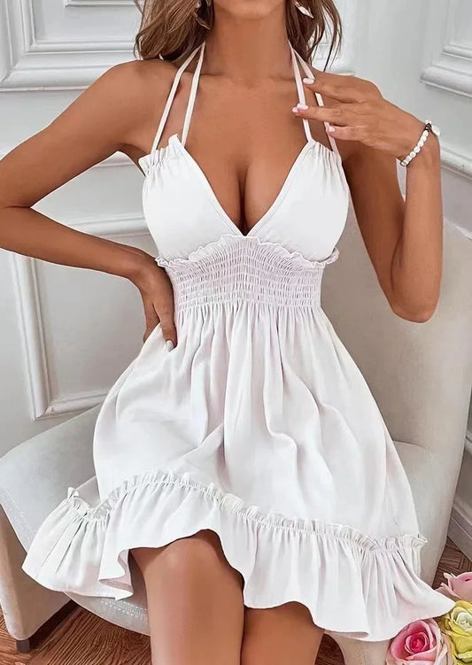 Woman in Ruffle Trim Spaghetti Strap Mini Dress in White facing forward up close