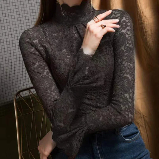 Black Floral Lace Mock Neck Top with Flare Sleeves