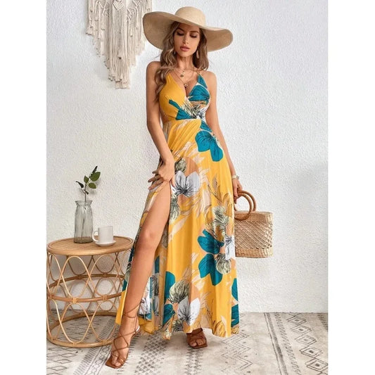 Yellow Floral Surplice V-Neck Maxi Dress with Side Slit – Spaghetti Strap Summer Dress