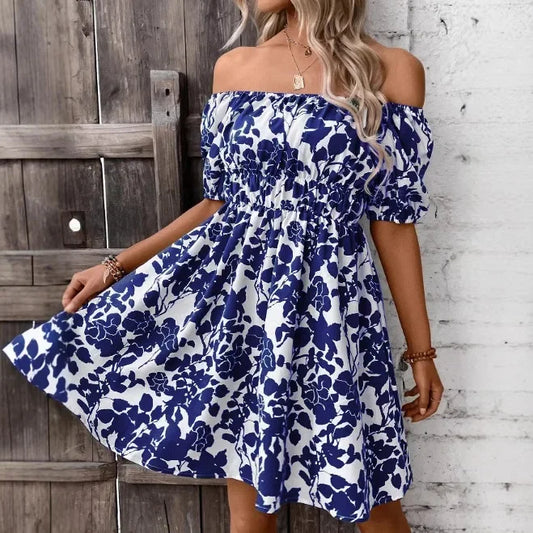 Royal Blue Off-Shoulder Floral Mini Dress – Puff Sleeve Chic