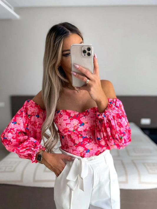 Crimson Floral Off-Shoulder Top – Sweetheart Neckline & Lantern Sleeves