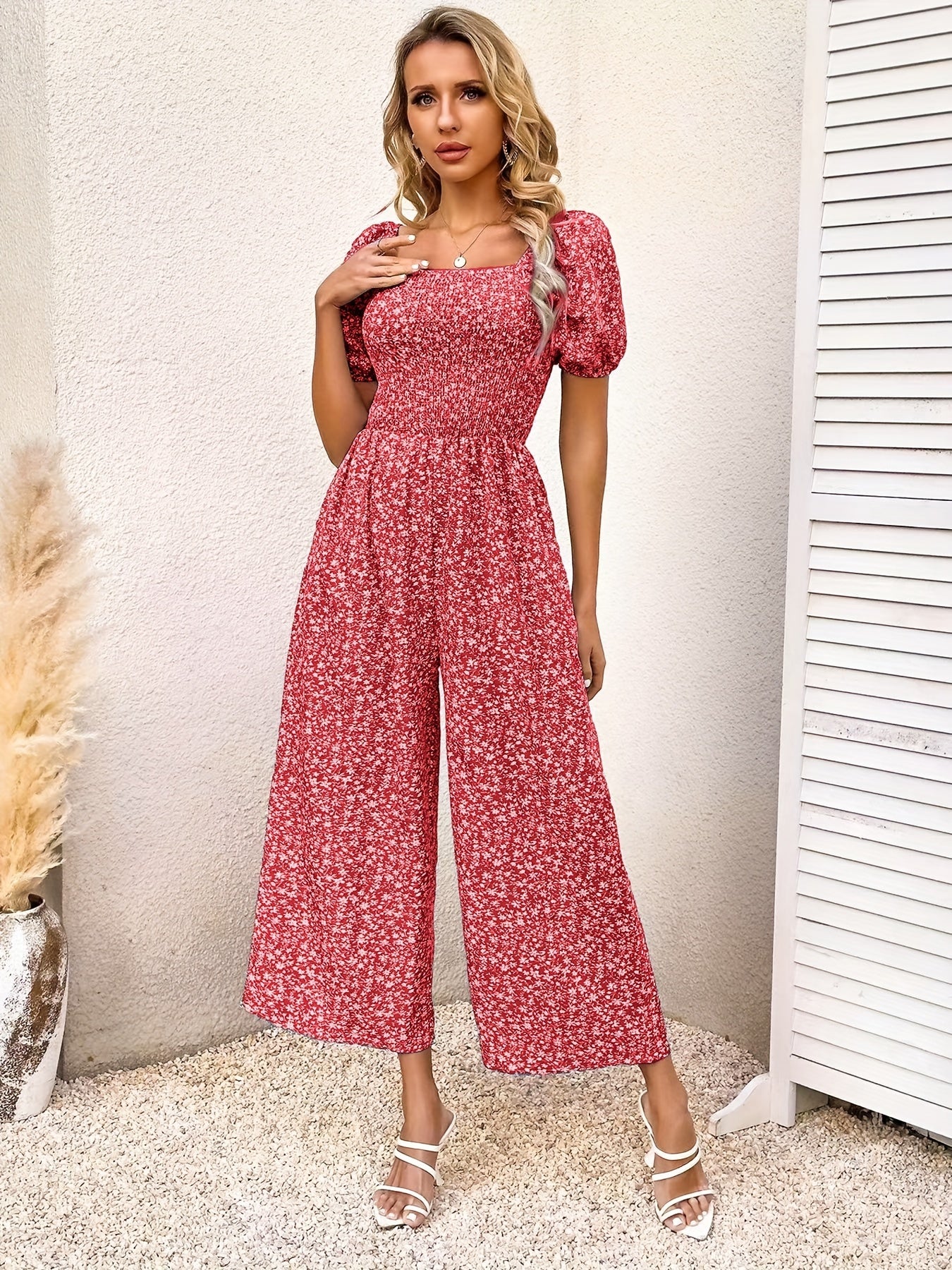 Floral Wide Leg Puff Sleeve Jumpsuit In Various Colors