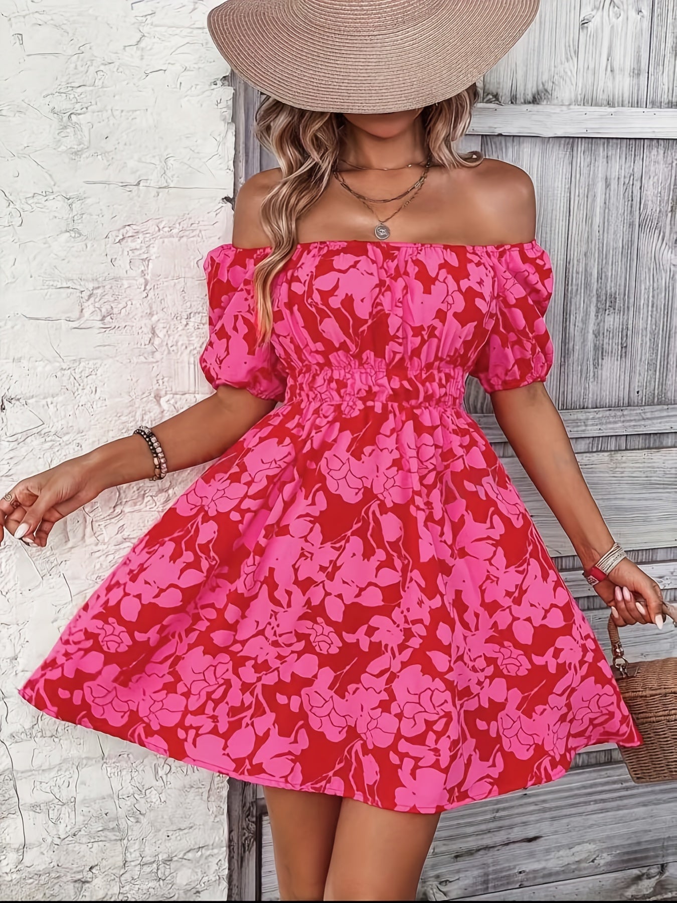 Off Shoulder Puff Sleeve Floral Mini Dress In Various Colors