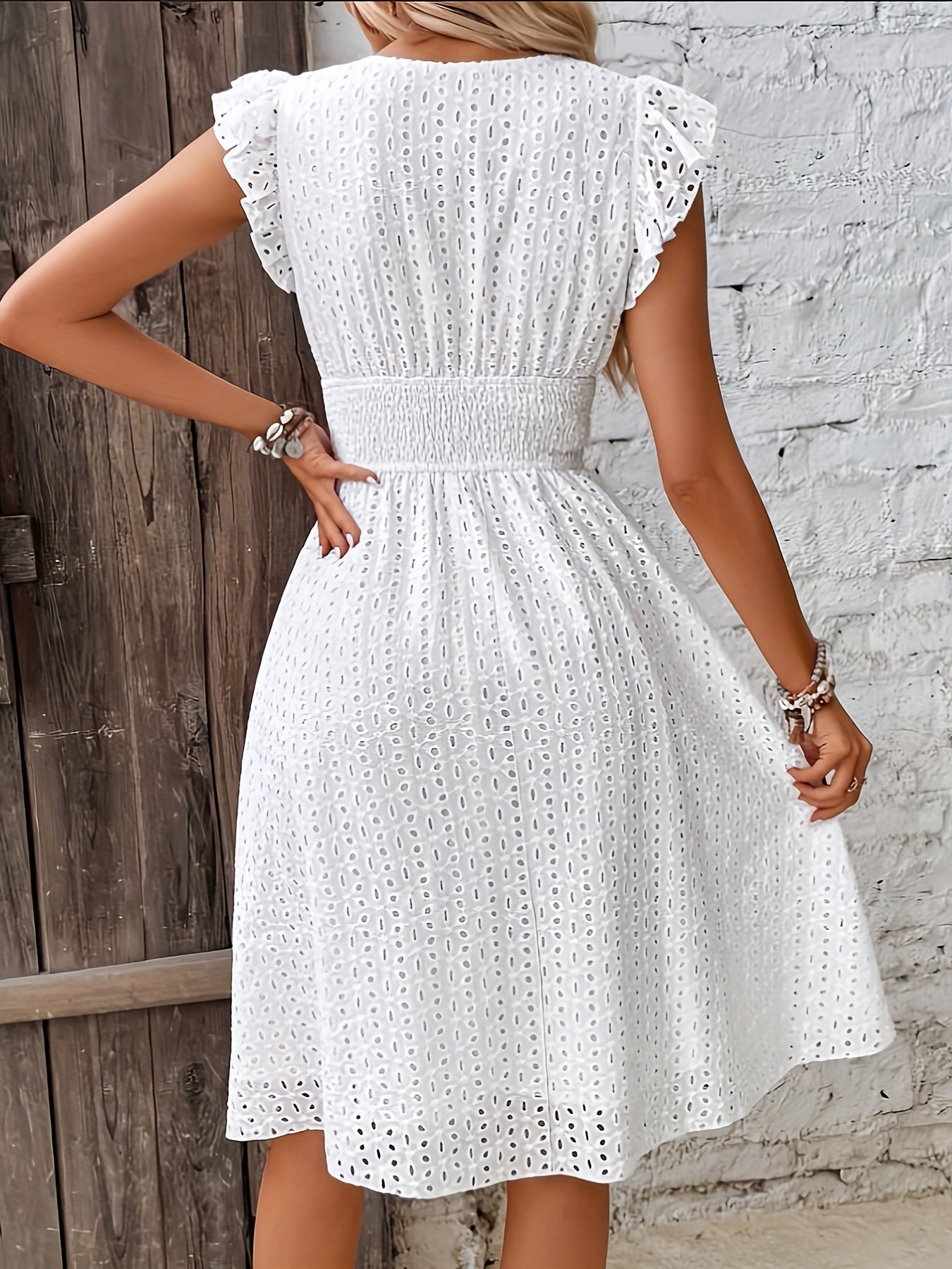 Eyelet Ruffled Sleeve Mini Dress