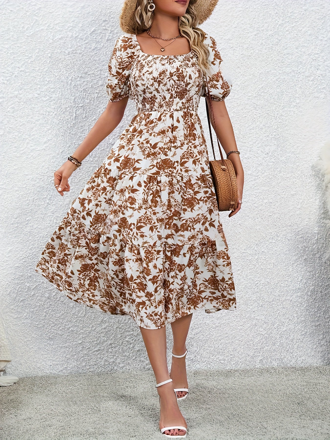 Floral Short Sleeve Midi Dress In 2 Colors