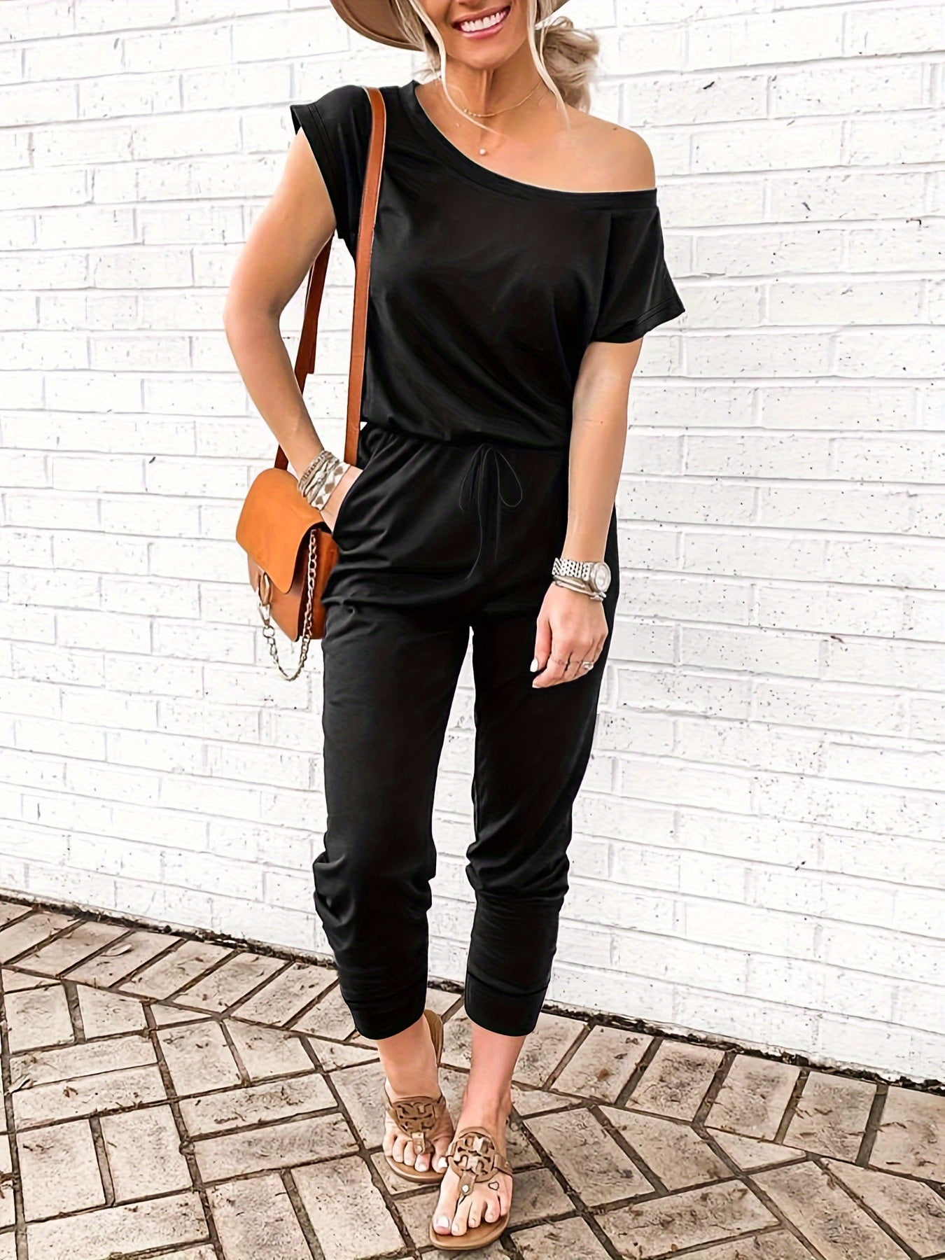 Slant Shoulder Tie Waist Jumpsuit