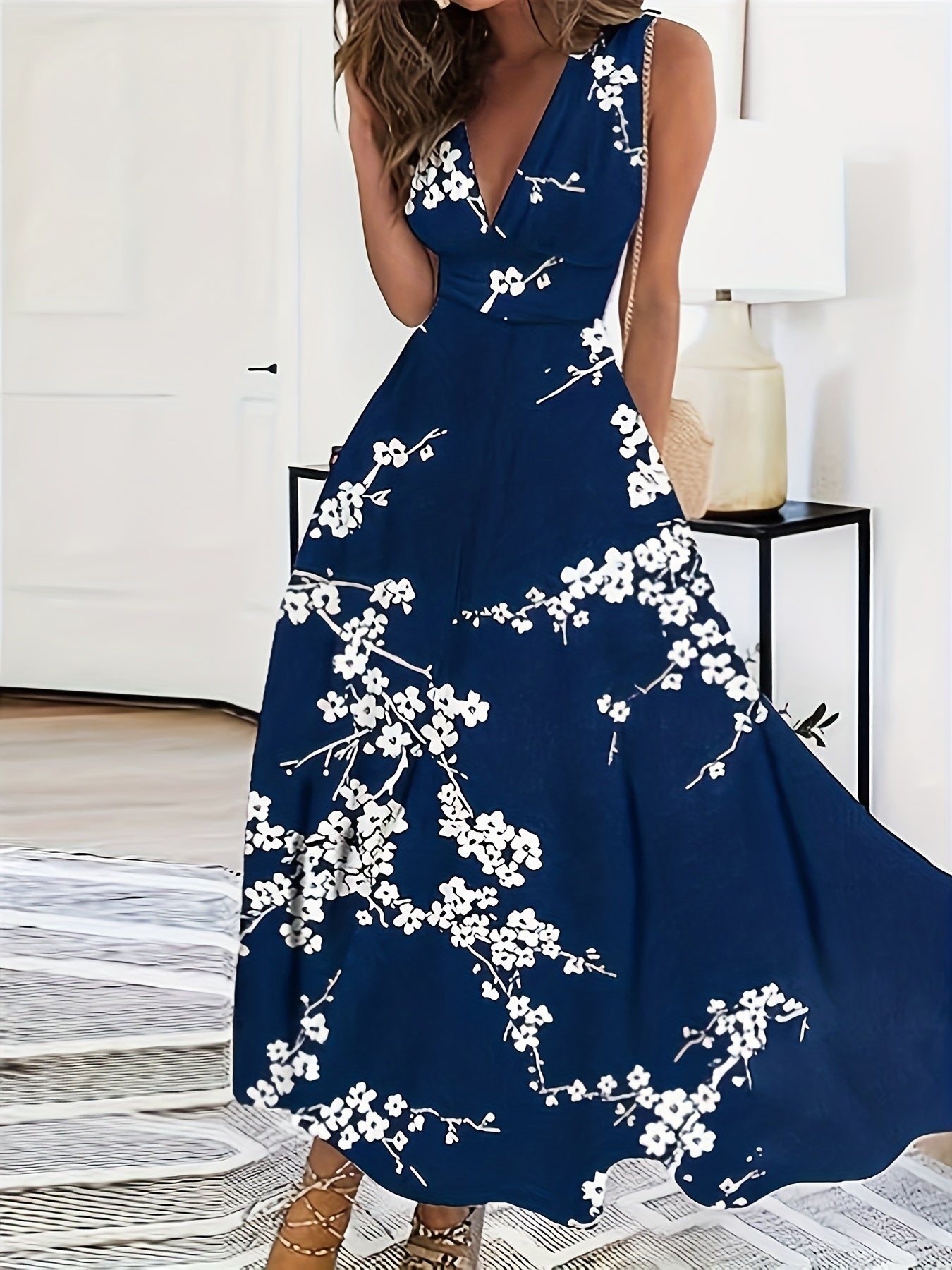 Floral Sleeveless V Neck Maxi Dress In 3 Colors