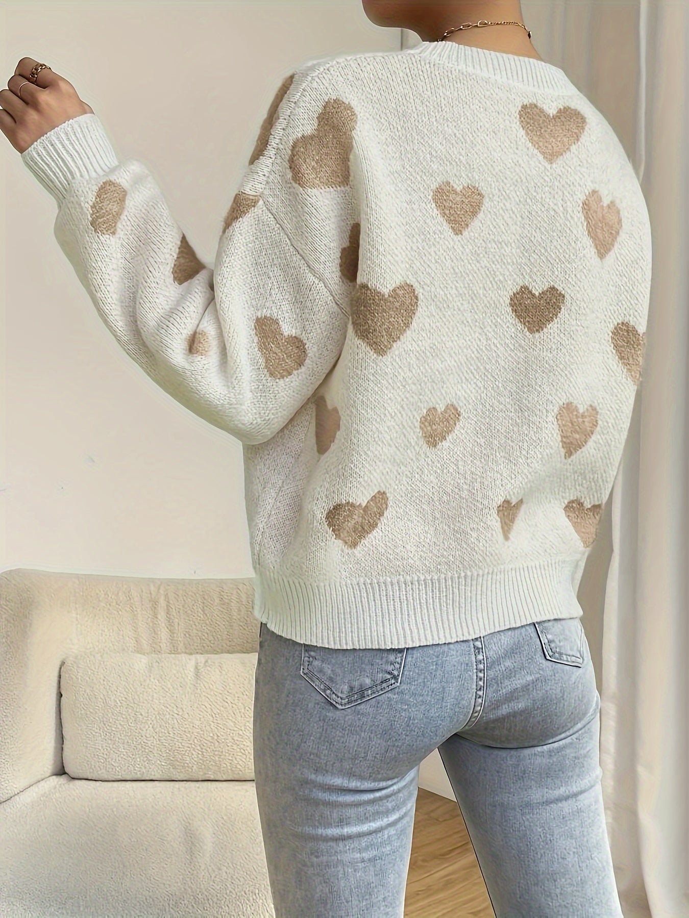 Heart Pattern Crew Neck Knitted Sweater In Beige