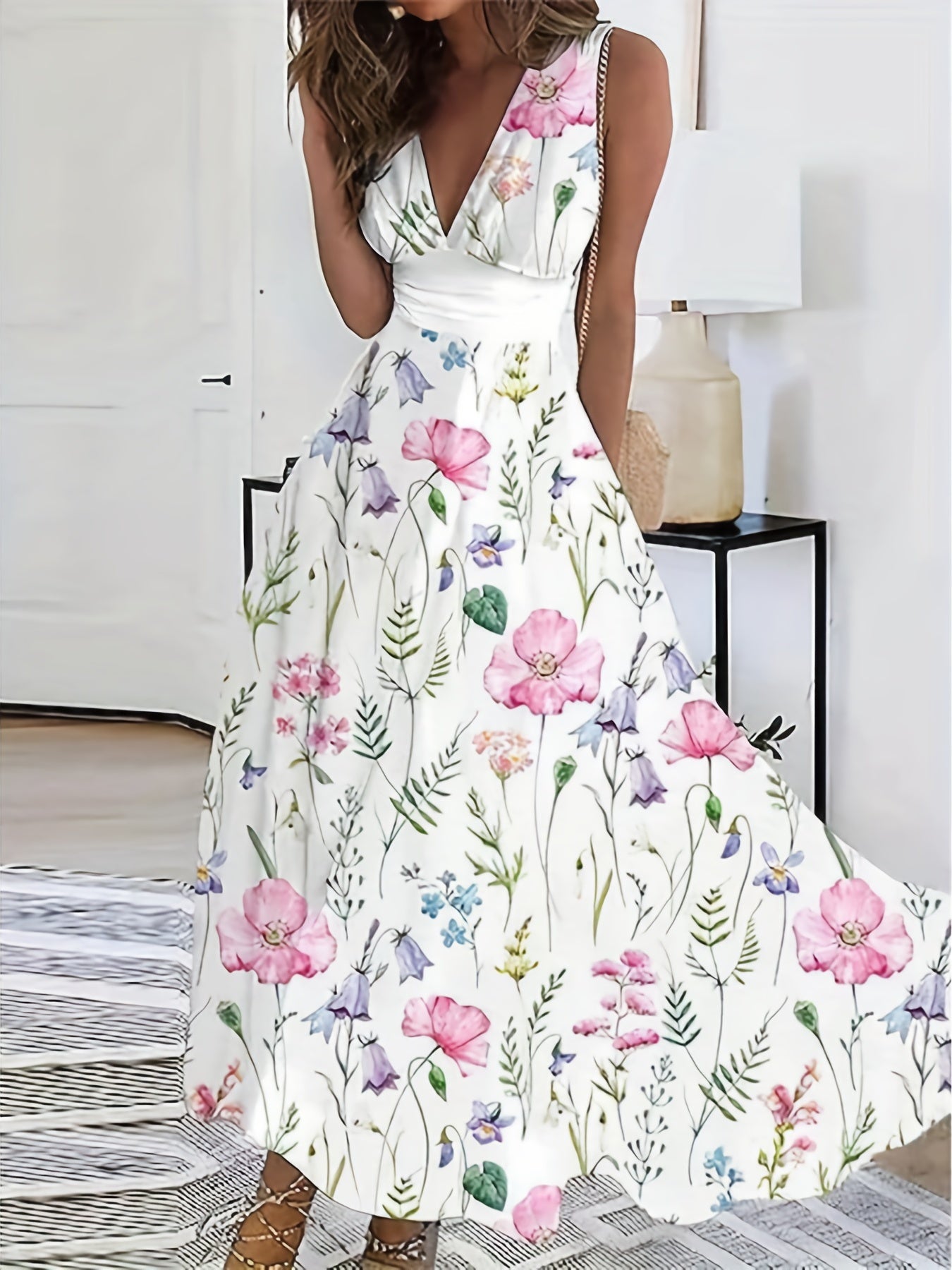 Floral Sleeveless V Neck Maxi Dress In 3 Colors