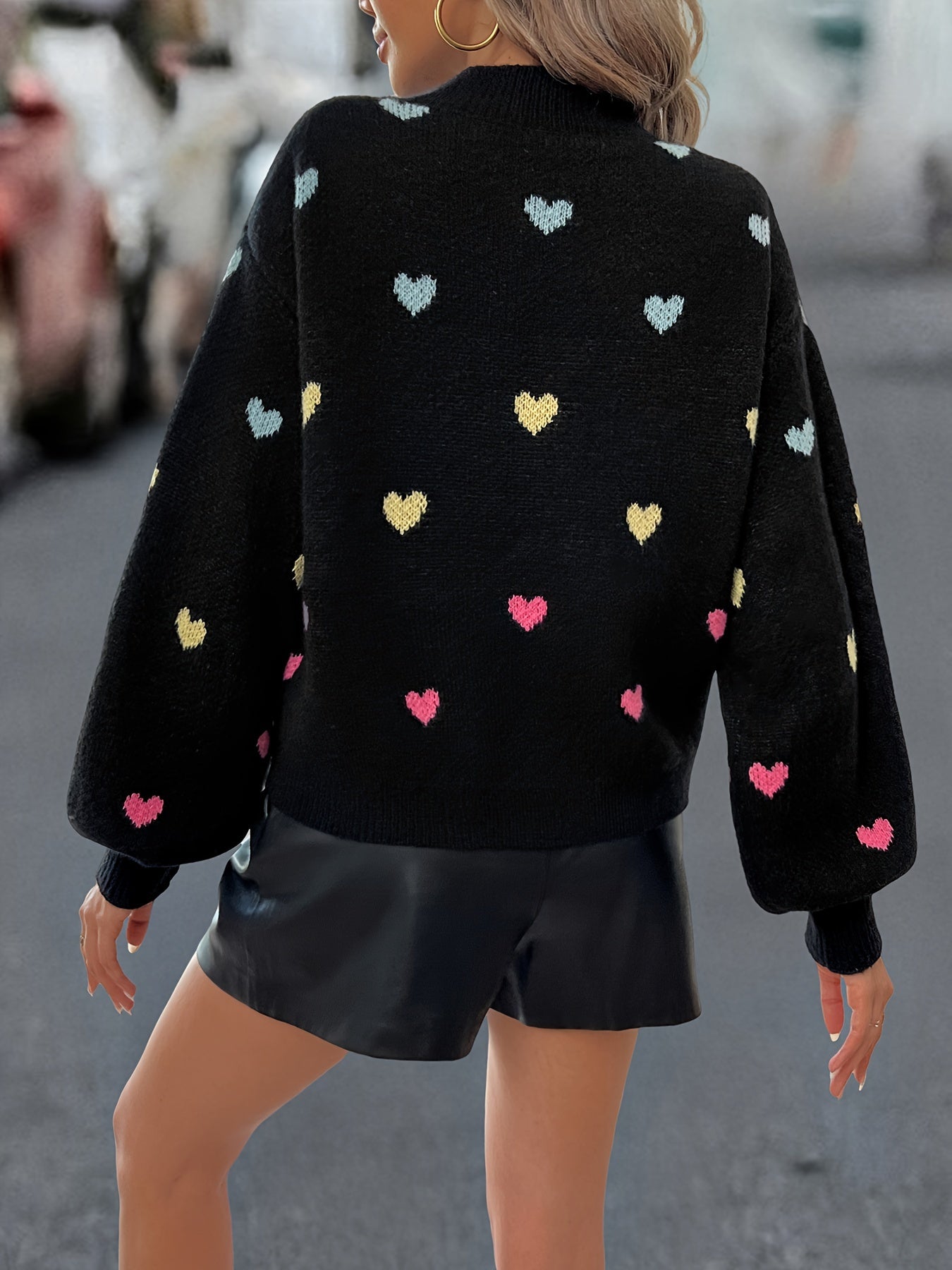 Heart Pattern Knit Sweater In Black With Colored Hearts