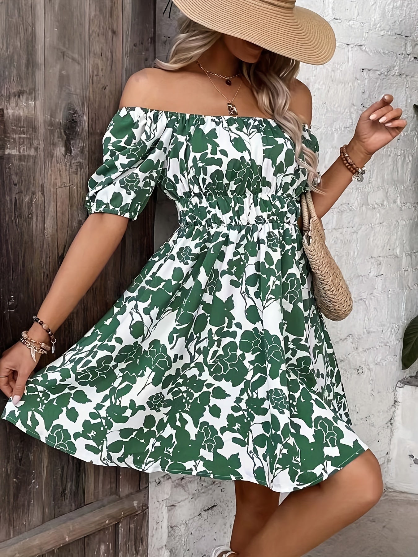 Off Shoulder Puff Sleeve Floral Mini Dress In Various Colors