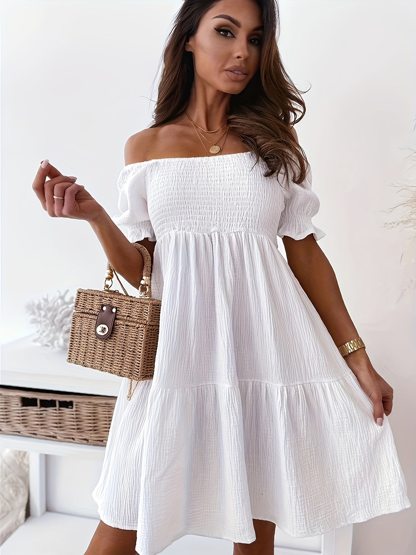 Off Shoulder Smocked Mini Dress In Various Colors