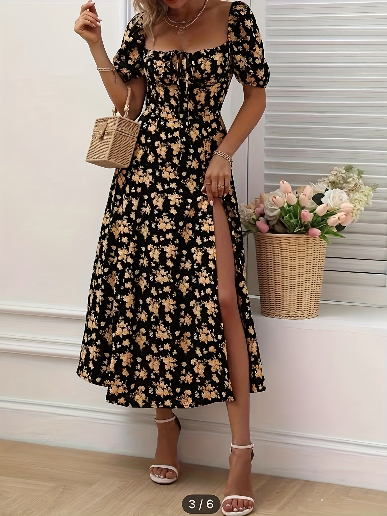 Floral Puff Sleeve High Slit Midi Dress In Various Colors