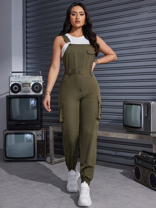 Solid Belted Cargo Jumpsuit In 3 Colors