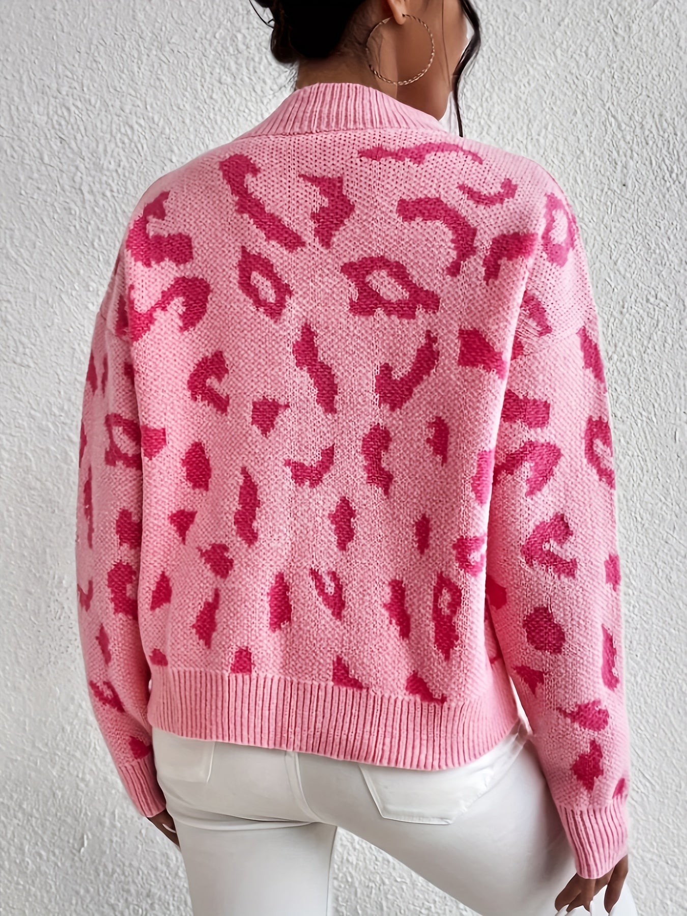 Leopard Print Loose Fit Pullover Sweater In Pink