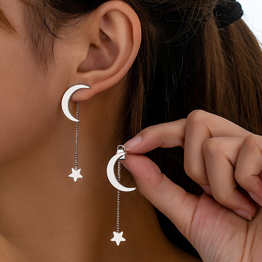 Star & Moon With Detachable Tassel Earrings In Silver