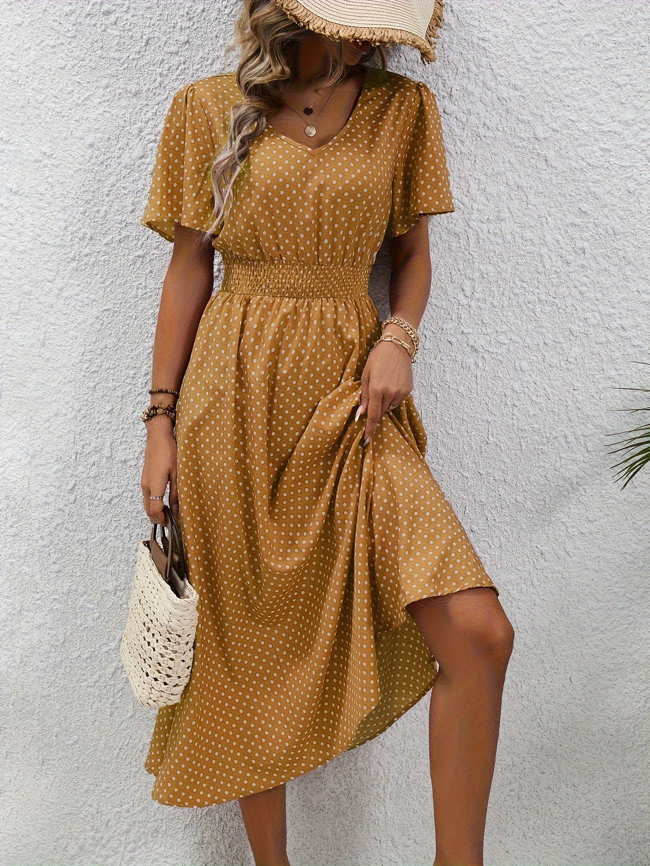 Polka Dot Flared Sleeves Shirred Waist Midi Dress In Various Colors