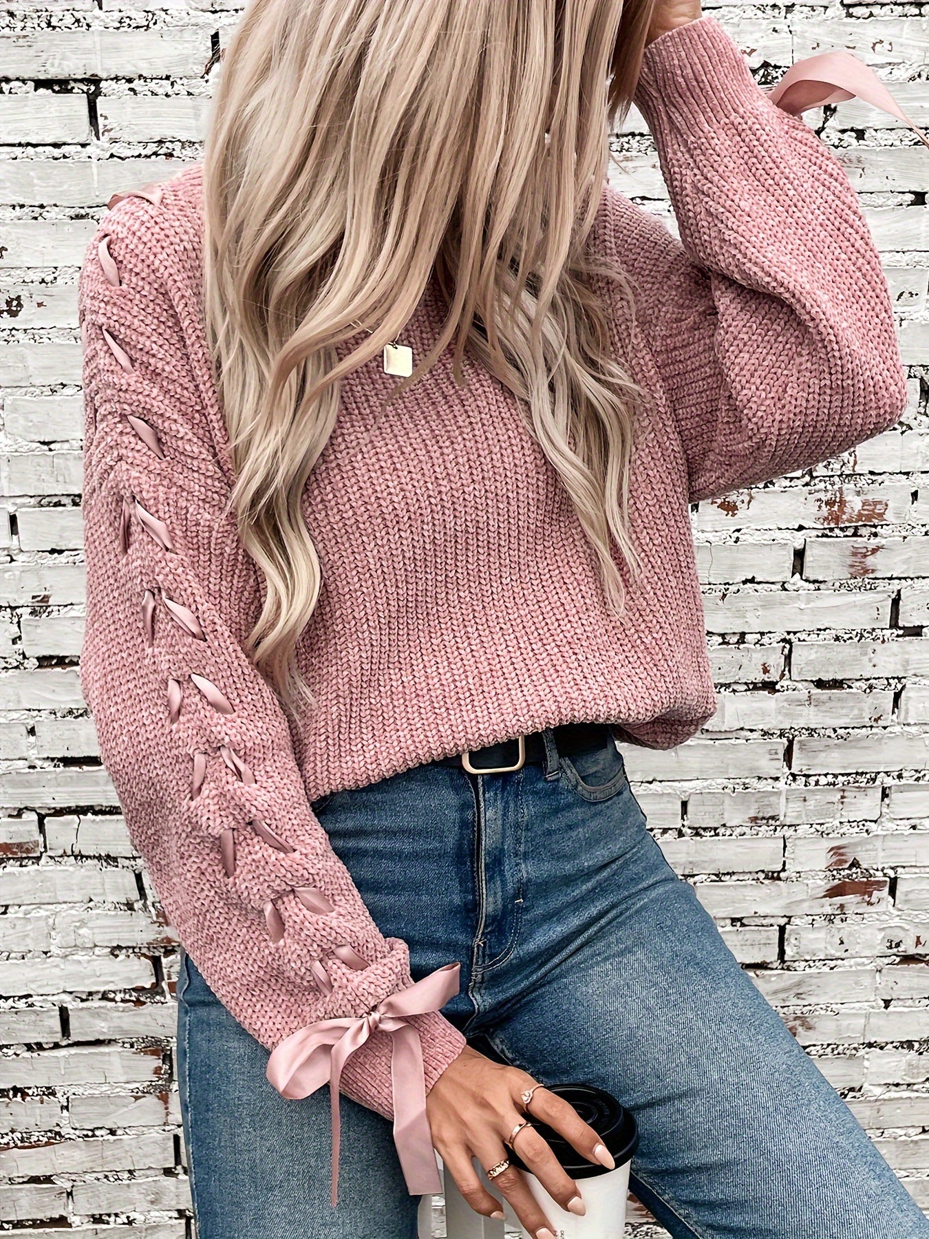 Lace Up Sleeves Knitted Sweater In Pink