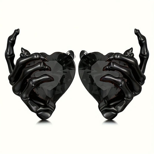 Black Heart Shaped Stud Earrings with Black Skeleton Hands