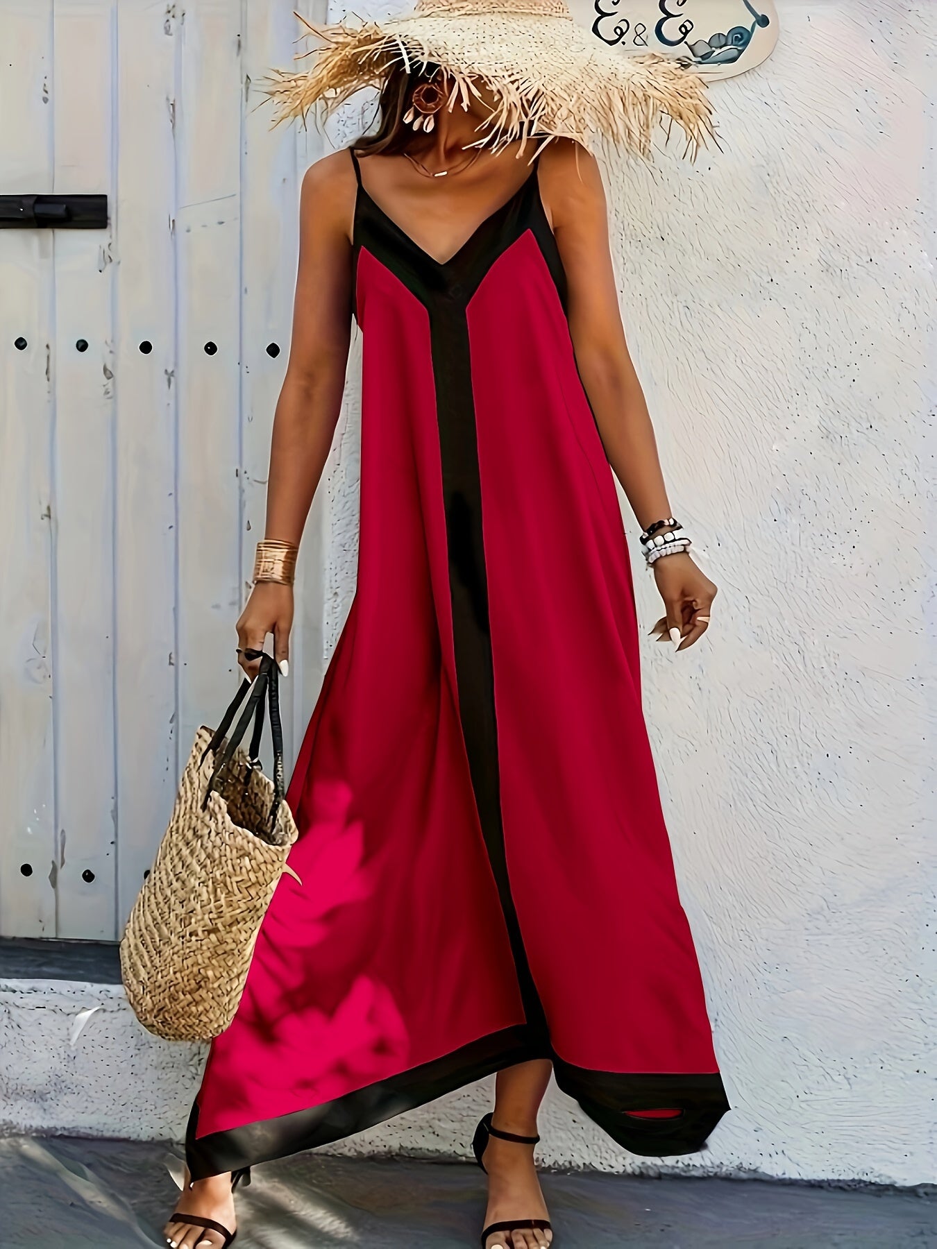 Contrast Trim V Neck Maxi Dress In Various Colors