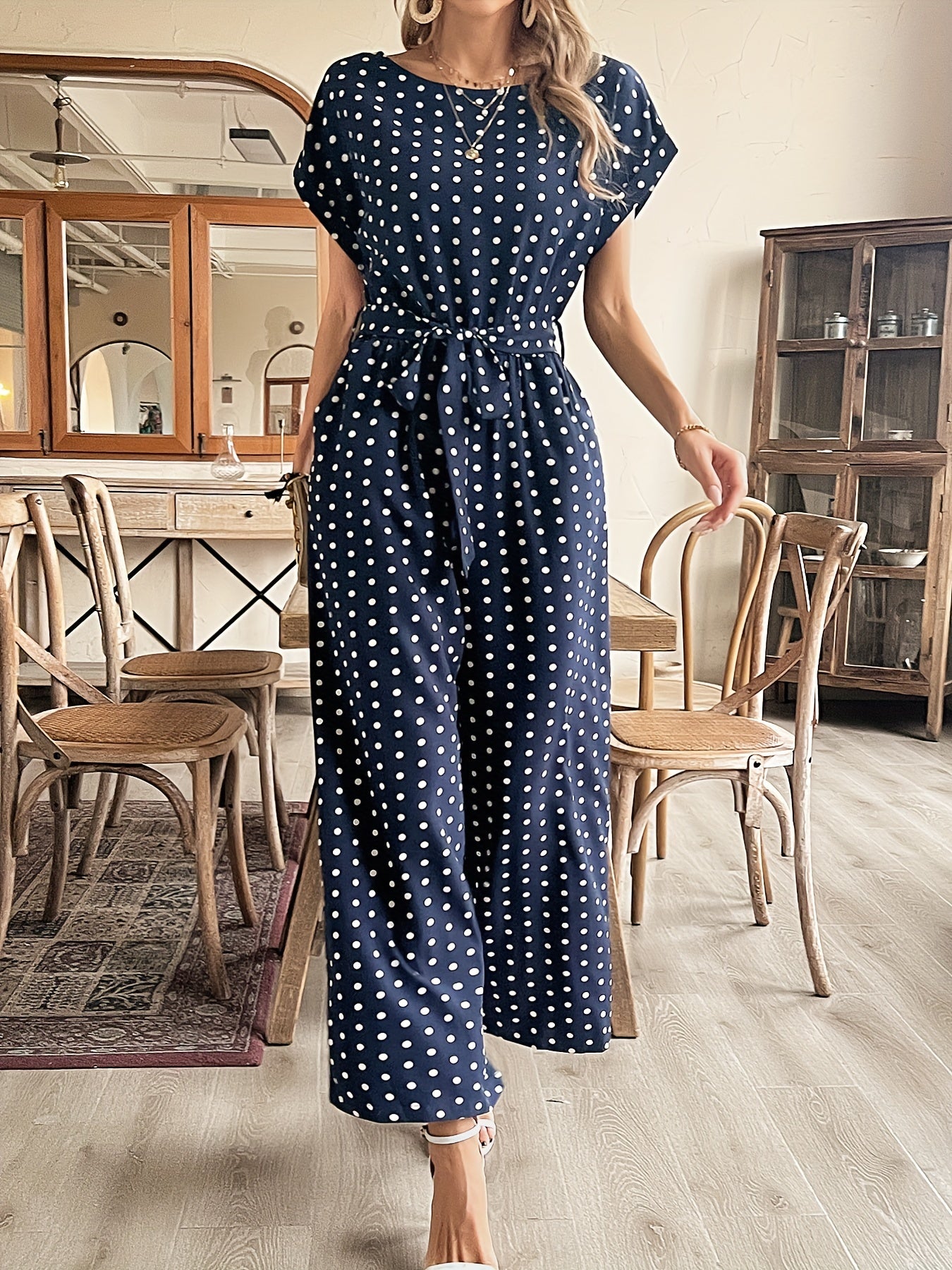 Wide Leg Short Sleeve Polka Dot Jumpsuit