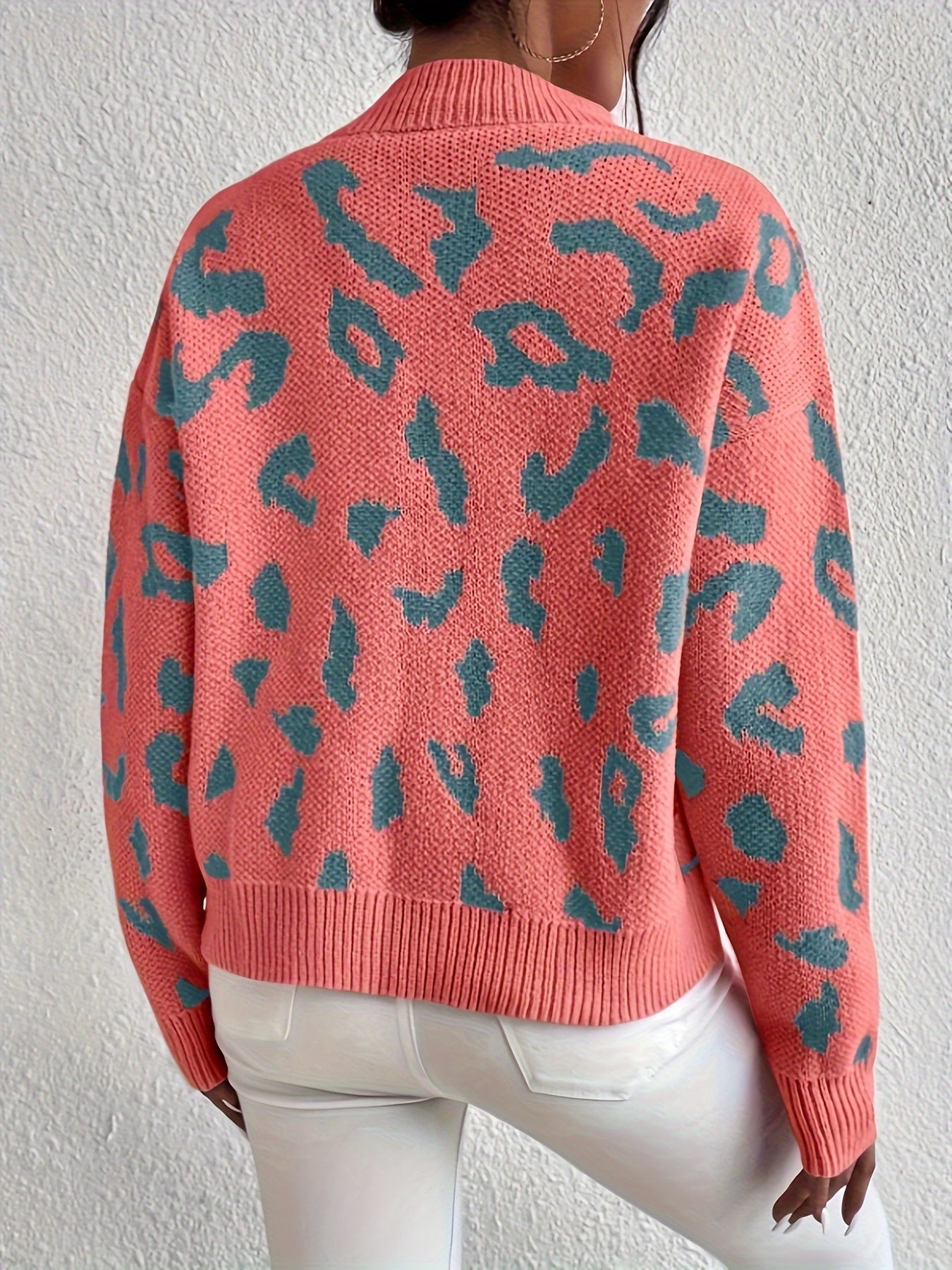 Leopard Print Loose Fit Pullover Sweater In Coral