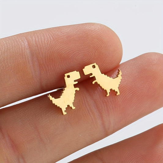 Stainless Steel 8-Bit T-Rex Stud Earrings In Gold